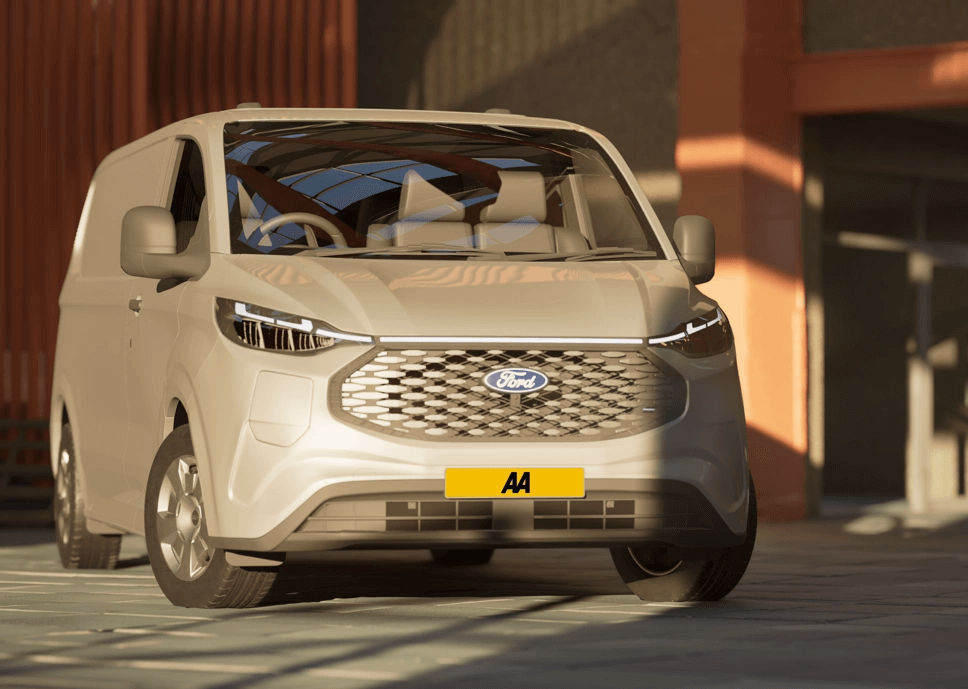Ford Transit Connect light grey with AA plates in a warehouse setting